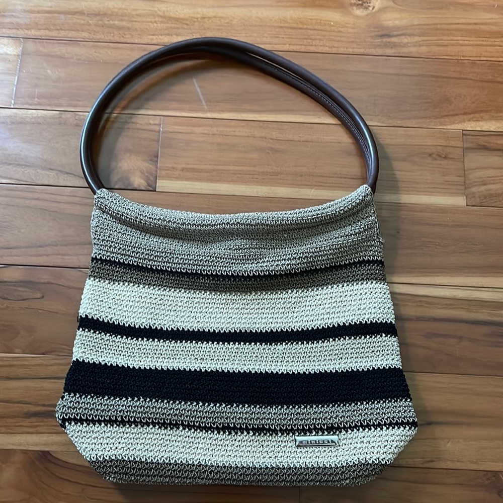 Knit handbag neutral stripe wide handle shoulder bag lined interior